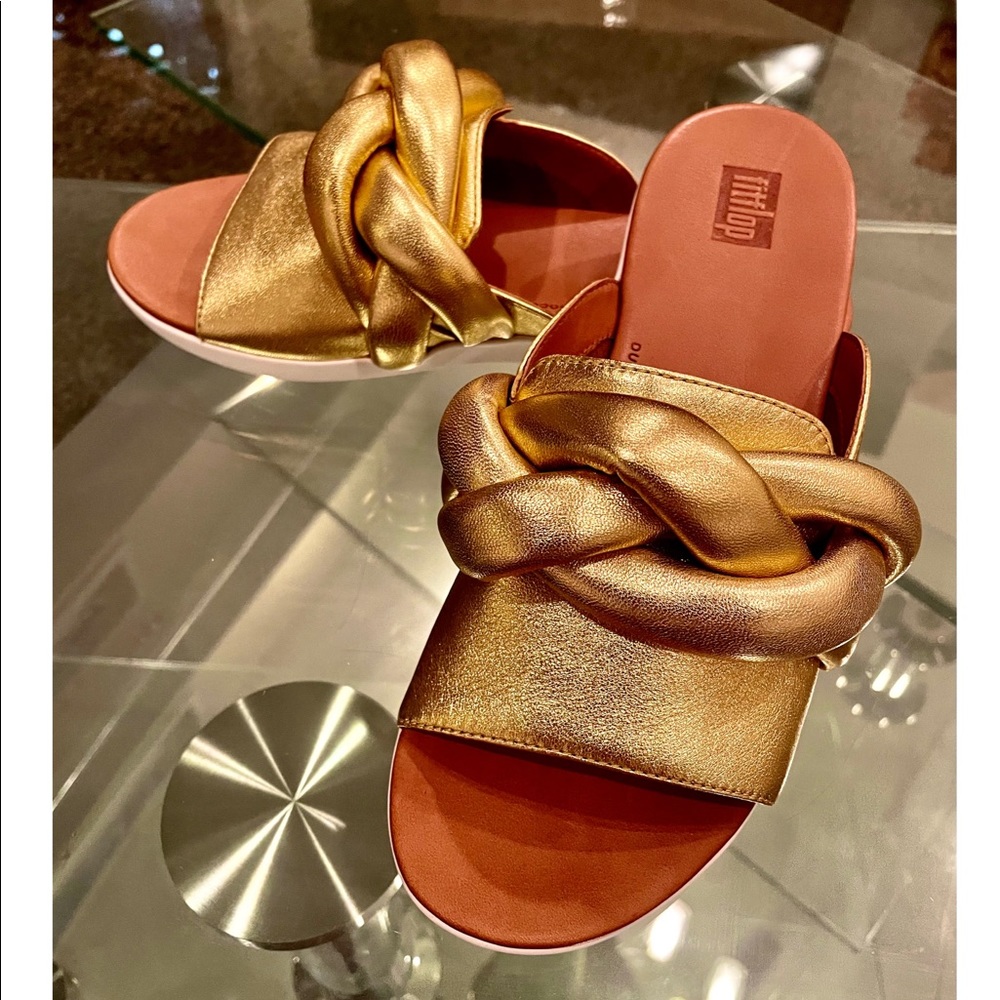 NWT FitFlop gold REAL leather Artisan FITFLOP braid front knot slides podiatric - Picture 3 of 16